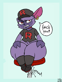 ambiguous_gender anthro big_butt butt chair_breaking ear_piercing ear_ring furniture piercing profanity ring_piercing sitting sitting_on_stool solo stool team_rocket_uniform thick_thighs wide_hips not4summ nintendo pokemon team_rocket generation_2_pokemon hisuian_form pokemon_(species) regional_form_(pokemon) sneasel 3:4 hi_res