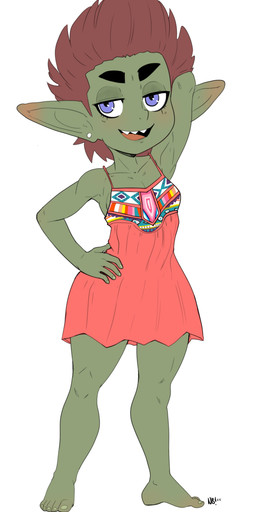 5_fingers 5_toes barefoot brown_hair clothed clothing dress feet female fingers green_body green_skin hair hand_behind_head hand_on_hip humanoid_pointy_ears not_furry open_mouth open_smile pointy_ears purple_eyes sharp_teeth short_hair simple_background smile solo teeth toes white_background nerdbayne minerva_(shidyk) goblin humanoid 2025 absurd_res hi_res signature