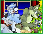 anthro big_breasts blue_clothing blue_hair bottomwear breasts clothing denim denim_bottomwear denim_clothing duo female gloves hair handwear holidays inside jeans male pants simple_background virus-20 christmas wendy_wolf_(virus-20) canid canine canis mammal wolf 2014