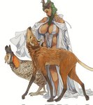 ambiguous_gender big_breasts breasts clothing female feral group horn looking_at_viewer semi_clothed trio mossa avian bird canid canine chicken galliform gallus_(genus) horned_humanoid humanoid mammal maned_wolf phasianid prairie_chicken hi_res