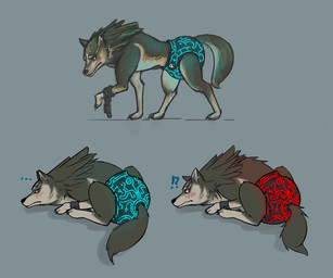 all_fours black_nose blue_eyes blush chain claws cloth_diaper clothing diaper ear_piercing ellipsis feral fur furgonomics green_body green_fur implied_messy_diaper interrobang looking_back lying male paws piercing simple_background solo ire-k nintendo the_legend_of_zelda link_(wolf_form) canid canine canis mammal wolf 2016