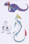 ambiguous_gender belt biped blue_body blue_eyes claws countershading feral fin grey_body grey_countershading group hair markings red_hair red_markings red_stripes scales simple_background solo stripes tail tailbutt tribal ventral_scales white_background white_body white_countershading scatha_the_worm bandai_namco digimon mythology agumon allomon aquatic_dragon digimon_(species) dinosaur dragon marine mythological_creature mythological_scalie prehistoric_species reptile scalie sea_serpent seadramon snowagumon theropod marker_(artwork) mixed_media multiple_images pen_(artwork) sketch_page traditional_media_(artwork)