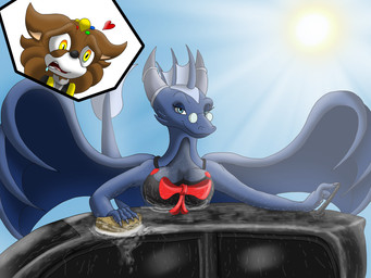 ambiguous_gender anthro bikini blue_body breasts car clothing eyewear female glasses membrane_(anatomy) membranous_wings non-mammal_breasts solo sponge sun swimwear tail two-piece_swimsuit vehicle wet wings robthehoopedchipmunk mythology rob_(rthc) tulip_(rthc) dragon eulipotyphlan hedgehog mammal mythological_creature mythological_scalie scalie 4:3 hi_res