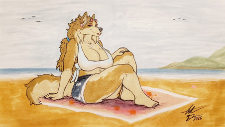 5_fingers 5_toes anthro barefoot beach beach_towel big_breasts black_nose bottomwear breasts clothed clothed_anthro clothed_female clothing denim denim_bottomwear denim_clothing denim_shorts eyewear eyewear_on_head feet female fingers fur glasses glasses_on_head humanoid_feet humanoid_hands mature_anthro mature_female plantigrade shorts sitting solo tail tan_body tan_fur toes towel bikerboyart roma_moore_(mainlinemojo) canid canine canis mammal wolf hi_res