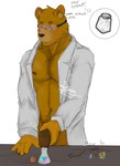 anthro blush body_hair chest_hair clothing coat cork eyewear genitals goggles holding_penis instructions lab_coat male navel nipples penis potion_bottle pubes safety_goggles simple_background solo text topwear icerary bee_swarm_simulator roblox science_bear_(bee_swarm_simulator) bear mammal hi_res watermark