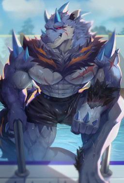 abs anthro biceps black_bottomwear black_clothing black_swimwear blue_body blue_fur blue_horn blue_spikes blue_tail bottomwear chest_scar clothing cloud eye_scar facial_scar fur horn looking_at_viewer male muscular muscular_anthro muscular_male muscular_thighs outside pecs poolside red_eyes scar sky smile solo spikes spikes_(anatomy) swimming_pool swimwear tail teeth tuft water wet white_body kult2k mythology dragon mythological_creature mythological_scalie scalie hi_res