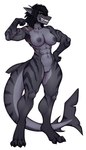 abs anthro athletic biceps big_tail black_body black_claws black_hair black_nipples black_patterns black_sclera black_skin black_stripes breasts chest_scar cigarette claws clenched_teeth facial_scar female finger_claws fist flexing flexing_bicep genitals green_eyes grey_body grey_skin grey_underbelly hair long_fins markings medium_breasts messy_hair military muscular muscular_anthro muscular_female nipples nude pointy_ears pose prick_ears pussy scar scarring scars_all_over shark_tail sharp_teeth smoking smoking_cigarette snout soldier solo striped_markings striped_tail stripes tail tail_markings teeth thick_thighs toe_claws tomboy torn_fin warrior spottedp_anda0046 a_spook_named_judas avery_elsher_(captain_r3negade) fish marine shark 4:7 hi_res pinup