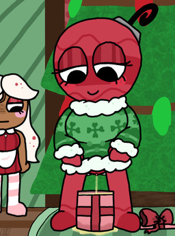 bodily_fluids bottomless clothed clothing clothing_lift duo female genital_fluids genitals gift holidays looking_at_object peeing peeing_into_container peeing_on_ground standing toony urine urine_on_ground urine_pool urine_stream vulva cloclochloe blushcrunch_studio christmas dandy's_world roblox bobette_(dandy's_world) ginger_(dandy's_world) humanoid