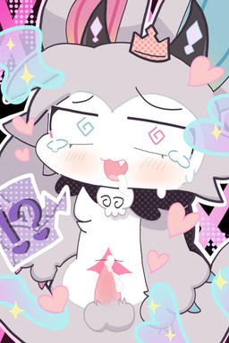 anthro balls blush bodily_fluids chibi crown erection fur genital_fluids genitals grey_body grey_fur headgear kemono male penis precum solo spiral spiral_eyes tapering_penis tears byzen89304 devil_connection makemon devilun_(makemon) demon 2:3