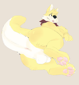 4_toes animal_genitalia anthro anus backsack balls black_nose blush blush_lines blush_stickers brown_background butt butt_focus claws fangs feet finger_claws fur genitals head_tuft inner_ear_fluff invisible_geometry kerchief kerchief_only lying male mostly_nude multicolored_body multicolored_fur neckerchief neckerchief_only neckwear on_side open_mouth pawpads pink_pawpads red_kerchief red_neckerchief sheath simple_background solo tail teeth toe_claws toes tuft two_tone_body two_tone_fur two_tone_tail whisker_spots white_body white_claws white_fur white_inner_ear_fluff white_tail yellow_body yellow_fur yellow_tail seth-iova fang29_(character) canid canine canis domestic_dog hybrid kangaroo macropod mammal marsupial 2023 full-length_portrait hi_res portrait