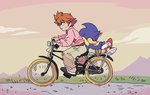 anthro bicycle blue_body blue_fur bottomwear brown_hair clothing cloud cycling duo eyes_closed footwear fur gloves grass hair handwear male outside pants pink_clothing pink_shirt pink_topwear plant shirt shoes sky topwear vehicle escapethecitywithme sega sonic_the_hedgehog_(series) sonic_x christopher_thorndyke sonic_the_hedgehog eulipotyphlan hedgehog human mammal 2018