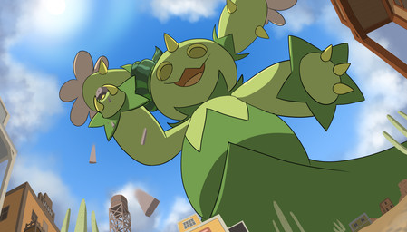 ambiguous_gender bandanna_on_head building cactus damaged_building day dutch_angle green_body holding_object looking_at_viewer looking_down looking_down_at_viewer low-angle_view macro open_mouth open_smile outside plant saloon smile solo standing water_tower western wild_west wood anime123654 nintendo pokemon fan_character macaras_(boolerex) generation_5_pokemon maractus pokemon_(species) 2025 digital_drawing_(artwork) digital_media_(artwork) english_description hi_res