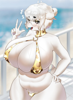 anthro big_breasts bikini biped black_eyes blurred_background bodily_fluids breasts clothing cloud day eyewear fangs female female_anthro fur gesture glasses gold_bikini hand_gesture hand_on_hip huge_breasts looking_at_viewer micro_bikini monotone_body monotone_fur open_mouth outside overweight round_glasses short_eyebrows smile solo standing sweat swimwear tail teeth thick_thighs tongue two-piece_swimsuit v_sign white_body white_fur wide_hips kua_yagi golden_week bovid caprine goat mammal hi_res