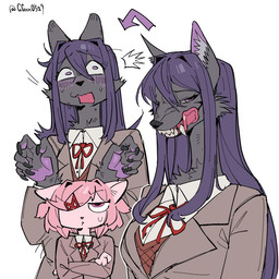 5_fingers accessory anthro anthrofied bared_teeth biped black_body black_fur blush blush_lines bodily_fluids bow_ribbon breasts cheek_tuft claws clothed clothed_anthro clothed_female clothing crossed_arms disgruntled duo facial_tuft female fingers flustered fur hair hair_accessory hair_tie inner_ear_fluff licking licking_lips lidded_eyes long_hair long_neck looking_at_viewer looking_up_at_another neck_ribbon open_mouth pawpads paws pink_body pink_fur pink_hair purple_hair purple_pawpads school_uniform short_hair simple_background size_difference snout sweat sweatdrop teeth tongue tongue_out tuft uniform white_background ggnn_(artist) doki_doki_literature_club! team_salvato natsuki_(doki_doki_literature_club!) yuri_(doki_doki_literature_club!) canid canine canis domestic_cat felid feline felis mammal wolf 1:1 signature