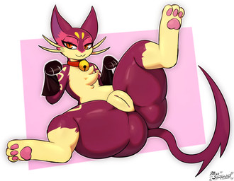 3_toes big_butt border butt collar feet female feral fur genitals half-closed_eyes huge_butt huge_thighs looking_at_viewer markings mostly_nude narrowed_eyes orange_eyes pawpads pink_background pink_body pink_fur pink_pawpads pink_vulva pupils purple_body purple_fur raised_hands red_collar simple_background slit_pupils solo spread_legs spreading thick_thighs toes vulva whiskers white_border yellow_body yellow_fur yellow_markings miso_souperstar nintendo pokemon red_felyne felid feline generation_5_pokemon liepard mammal pokemon_(species) 2026 absurd_res digital_media_(artwork) hi_res
