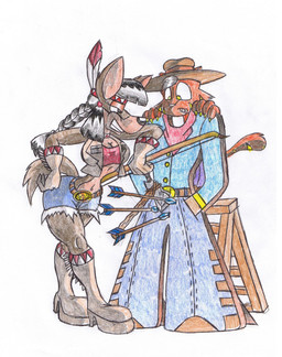 anthro arrow_(weapon) belt big_breasts boots bottomwear breasts brown_body brown_fur clothing cowboy cowboy_hat duo female footwear fur hat headgear headwear high_heeled_boots high_heels jacket ladder male multicolored_body multicolored_fur navel open_mouth pants ranged_weapon shirt shoes tail topwear two_tone_body two_tone_fur weapon virus-20 june_coyote canid canine canis coyote domestic_cat felid feline felis mammal 2006 hi_res traditional_media_(artwork)