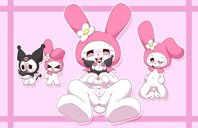 anthro blush blush_lines bodily_fluids buckteeth drop_shadow duo feet female female/female flower genitals hand_behind_head holding_object holding_plushie kneeling looking_at_viewer lying navel on_back open_mouth pink_background plant plushie plushie_of_self presenting presenting_vulva simple_background skull_symbol soles spade_tail spread_legs spreading sweat sweatdrop tail teeth tongue tongue_out vulva lucky_luxio onegai_my_melody sanrio kuromi my_melody demon lagomorph leporid mammal rabbit 2025 colored digital_drawing_(artwork) digital_media_(artwork) hi_res shaded