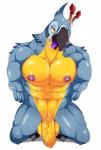 abs anthro balls beak biceps biped bodily_fluids feathers flaccid foreskin genitals kneeling male muscular muscular_anthro muscular_male navel nipples non-mammal_balls non-mammal_nipples pecs penis saliva solo sweat vein overcross breath_of_the_wild nintendo the_legend_of_zelda kass_(tloz) avian bird rito hi_res