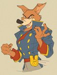 4_fingers anthro black_nose clothed clothing fingers fur male melee_weapon simple_background solo sword weapon uochandayo disney talespin don_karnage canid canine canis mammal red_wolf wolf 2020 hi_res