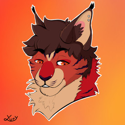 ambiguous_gender anthro black_eyebrows black_line_art border brown_hair ear_piercing ear_tuft ears_up eyebrows fur gradient gradient_background hair happy helix_piercing light looking_at_viewer markings neck_tuft nude orange_eyes outline piercing pupils purple_markings purple_marks purple_nose red_body red_fur simple_background smile solo stripes tan_body tan_fur teeth teeth_showing text tuft white_border white_outline yyury_r felid feline hybrid lynx mammal pantherine tiger 1:1 artist_name colored digital_media_(artwork) english_description english_text hi_res lighting portrait shaded signature