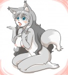 anthro blue_eyes bodily_fluids breasts cum female fur genital_fluids grey_body grey_fur grey_hair hair kemono long_hair nipples open_mouth solo tongue kin-shun moco_(kin-shun) canid canine canis mammal wolf