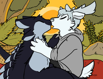 4_ears ambiguous_gender bedding blanket clothing duo forest hoodie imminent_kiss multi_ear picnic plant sunset topwear tree wings trout_(artist) fyr_(fenrir784) gooddeer avali deer mammal new_world_deer reindeer 2018