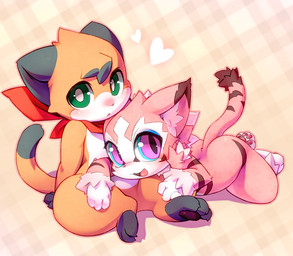 3_fingers 3_toes 4_toes anthro blush checkered checkered_background duo feet fingers fur green_eyes heart_symbol hindpaw looking_at_viewer lying male male/male nude on_front open_mouth orange_body orange_fur pattern_background pawpads paws pink_body pink_eyes pink_fur pupils simple_background sitting slit_pupils toes white_body white_fur young young_anthro cotora nyaou_(cotora) domestic_cat felid feline felis mammal
