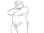 anthro balls belly bodily_fluids flaccid foreskin genitals humanoid_genitalia humanoid_penis kemono long_foreskin male navel overweight overweight_anthro overweight_male penis simple_background solo sweat white_background oogamikennta third-party_edit bear mammal 2018 4:3 censor_removal_edit monochrome