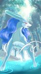 ambiguous_gender blue_body blue_skin creek digitigrade feral forest hair looking_at_another low-angle_view open_mouth plant quadruped red_eyes river sky solo tree water watte nintendo pokemon canid canine generation_2_pokemon legendary_pokemon mammal pokemon_(species) shiny_pokemon suicune 2021 hi_res shaded