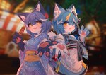 anthro asian_clothing blue_body blue_eyes blue_hair ceremony clothing duo east_asian_clothing female food hair japanese_clothing kimono meatball tatatamamo_(character) yellow_eyes lalamedli icecat77_(character) canid canine domestic_cat felid feline felis fox humanoid mammal absurd_res hi_res