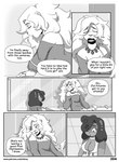 anthro big_breasts breasts cleavage clothed clothing comic cricetid dialogue ear_piercing english_text felid female hair hair_over_eye hamster hi_res lion mammal monochrome nimzy noms_(nimzy) one_eye_obstructed pantherine piercing rodent text toiya_crimson url