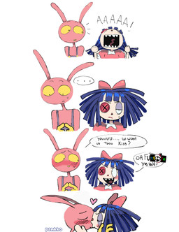 anthro black_eyes blue_hair blush blush_lines bow_(feature) bow_ribbon button_(fastener) caine_censorship censor_bar censored_text clothed clothing doll dress duo female fur grawlixes hair heart_symbol kissing long_ears male overalls pink_body pink_bow pink_clothing pink_dress pink_fur profanity purple_clothing purple_overalls rag_doll_(toy) red_nose screaming sharp_teeth short_hair speech_bubble teeth text tongue toy yellow_sclera yellow_teeth pankk0 glitch_productions the_amazing_digital_circus evil_jax_(tadc) evil_ragatha_(tadc) animate_inanimate lagomorph leporid living_doll living_toy mammal rabbit english_text hi_res