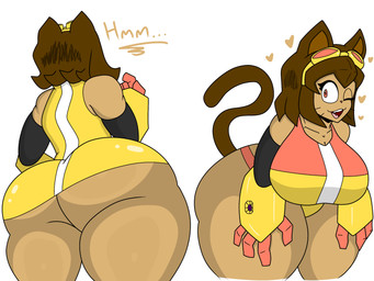 anthro big_breasts big_butt breasts brown_hair butt clothed clothing eyewear female fur goggles hair huge_butt simple_background solo tail text thick_thighs whiskers wide_hips enderbendr gameoverse glitch_productions kit_bodega domestic_cat felid feline felis mammal 4:3 hi_res