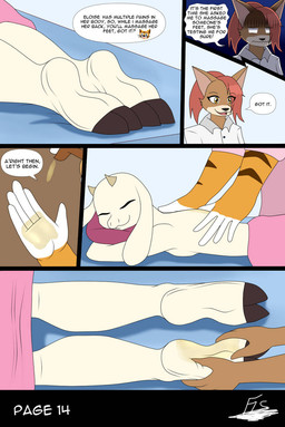 anthro applying_oil back_massage female female/female foot_rub hooves inner_thoughts massage massage_oil rolled_up_sleeves side_view text misterfis agatha_(misterfis) rebecca_(misterfis) bovid canid canine caprine felid fox goat mammal pantherine tiger comic hi_res