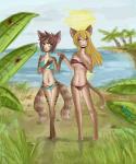 2_tails anthro bikini black_body black_fur blonde_hair blue_eyes bra breasts brown_body brown_fur brown_hair clothed clothing duo female fur green_eyes hair heterochromia humanoid_face long_hair multi_tail navel purple_eyes skimpy spots stripes swimwear tail two-piece_swimsuit underwear white_hair raptor007 lalee nelya felid mammal pantherine tiger 2011 5:6 absurd_res digital_media_(artwork) hi_res