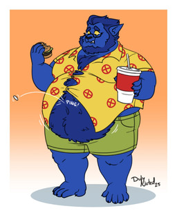 anthro beard belly big_belly blue_body blue_fur blue_hair bottomwear burger button_(fastener) button_pop chest_tuft clothing eyewear facial_hair food fur glasses hair male moobs overweight overweight_male pants shirt solo topwear tuft wardrobe_malfunction yellow_sclera duly_noted marvel x-men beast_(marvel) felid feline mammal hi_res