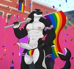 abs anthro athletic black_body bodily_fluids bulge clothed clothing confetti countershade_face countershade_hands countershade_legs countershade_tail countershade_thighs countershade_torso countershading dripping erection exhibitionism eyewear eyewear_on_head fin flag_on_shoulder flesh_tunnel foreskin furgonomics gauged_fin genital_fluids genitals glans glowing glowing_tattoo head_fin humanoid_genitalia humanoid_penis jockstrap jockstrap_only leaking_precum lgbt_pride male multicolored_clothing multicolored_underwear muscular muscular_male nipples pecs penis pink_glans pink_nipples precum precum_drip pride_colors pride_parade public public_nudity purple_eyes rainbow_clothing rainbow_flag rainbow_jockstrap rainbow_pride_flag rainbow_symbol rainbow_underwear scar silhouette_background solo standing sunglasses sunglasses_on_head tail tail_fin tattoo topless underwear underwear_only white_body white_countershading white_penis bitnarukami anchor_(feesh) cetacean dolphin mammal marine oceanic_dolphin orca toothed_whale hi_res