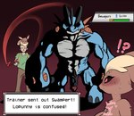 absurd_res amphibian anthro biceps big_breasts blue_body breasts brown_body brown_fur bymetalala canid eevee english_text female fur gameplay_mechanics generation_1_pokemon generation_3_pokemon generation_4_pokemon genitals gui health_bar hi_res humanoid_genitalia humanoid_penis lagomorph lopunny male mammal muscular muscular_anthro muscular_male nintendo nipples nude penis pokemon pokemon_(species) size_difference swampert text thick_thighs wide_hips