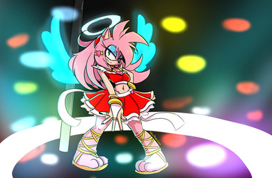 anthro bangle bangs black_nails clothing colored_nails dress female fur glowing glowing_wings hair halo jewelry long_hair nails pink_body pink_fur pole red_clothing red_dress ring solo transformation wings hiddenphalluszone panty_and_stocking_with_garterbelt sega sonic_the_hedgehog_(series) amy_rose panty_anarchy eulipotyphlan hedgehog mammal crossover hi_res