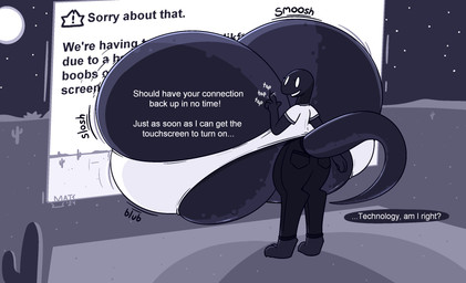 anthro big_breasts black_body bottomwear breasts clothing ellipsis exclamation_point female huge_breasts hyper hyper_breasts looking_at_viewer looking_back non-mammal_breasts pants question_mark shirt solo speech_bubble text topwear mattthetooncat google google_chrome dinosaur_(google_chrome) dinosaur prehistoric_species reptile scalie english_text hi_res
