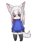 anthro black_knee_highs blue_bottomwear blue_clothing blue_pants blue_sweater blue_topwear bottomwear chibi circle_eyebrows clothing dipstick_ears ear_markings eyebrows eyelashes facial_markings female frilly frilly_bottomwear frilly_clothing frilly_shorts fur grey_body grey_ear_tips grey_eyebrows grey_fur grey_hair grey_inner_ear_fluff grey_tail hair head_markings inner_ear_fluff knee_highs legwear markings mouth_closed multicolored_ears pants pink_inner_ear red_eyes red_markings shorts simple_background solo sweater tail topwear tuft two_tone_face white_background white_body white_fur wide_hips zamuzaza2 canid canine fox mammal hi_res