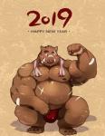 anthro belly blush brown_body brown_fur bulge clothing fur holiday_message holidays humanoid_hands male moobs navel nipples overweight overweight_anthro overweight_male scar solo text underwear kusunagi chinese_new_year chinese_zodiac new_year year_of_the_pig mammal suid suina sus_(pig) wild_boar 2019 english_text