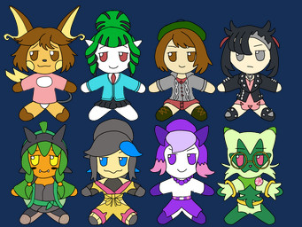 bottomwear clothing eyewear female glasses group hat headgear headwear jacket jewelry male skirt sweater tam_o'_shanter topwear faelocke fumo_(doll) nintendo pokemon cheryl_zephyr elegia_(lordegil) fan_character gloria_(pokemon) julia_sparks_(faelocke) marnie_(pokemon) floragato gardevoir generation_1_pokemon generation_3_pokemon generation_8_pokemon generation_9_pokemon human hybrid_pokemon kirlia legendary_pokemon mammal mawile ogerpon pokemon_(species) raichu spectrier hi_res
