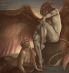 breasts classical dramatic dramatic_lighting female hair horn long_hair lying male male/female medium_breasts muscular on_front pink_hair sitting solo sunset wings nyrox_(artist) angel avian bird demon human mammal celestial_(disambiguation) absurd_res hi_res