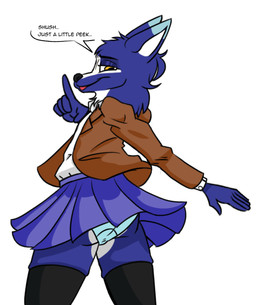 5_fingers anthro biped black_clothing black_legwear black_nose black_thigh_highs blue_body blue_bottomwear blue_clothing blue_fur blue_mane blue_panties blue_skirt blue_underwear bottomwear brown_clothing brown_jacket brown_topwear butt butt_focus butt_shot button_(fastener) cheek_tuft clothed clothing collared_shirt cosplay cross_(marking) crossdressing dipstick_ears ear_markings ellipsis eyebrows eyelashes eyeshadow facial_tuft femboy fingers fur gesture hand_gesture head_tuft humanoid_hands jacket legwear looking_at_viewer makeup male mane markings multicolored_ears neck_tuft panties pointing pointing_up raised_bottomwear raised_clothing raised_skirt shirt shush side_view simple_background skirt solo speech_bubble standing suggestive_pose tailless talking_to_viewer text thigh_highs tongue tongue_out topwear tuft underwear white_background white_body white_clothing white_fur white_inner_ear white_markings white_shirt white_topwear yellow_eyes wingsprite doki_doki_literature_club! team_salvato luzenith_lawchi monika_(doki_doki_literature_club!) canid canine canis dire_wolf mammal prehistoric_species wolf 2026 digital_drawing_(artwork) digital_media_(artwork) english_text hi_res portrait shaded
