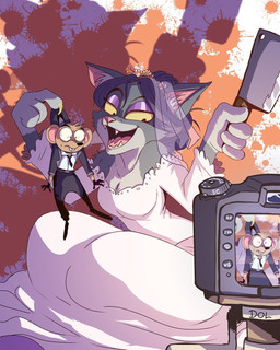 anthro anthro_on_anthro black_body black_clothing black_fur black_hair black_suit black_tie_(suit) brown_body brown_fur butcher_knife camera clothing crown dress extreme_size_difference eyeshadow female fur hair headgear holding_micro holding_person kneeling larger_female makeup male male/female micro nervous photographer predator/prey purple_eyeshadow size_difference smaller_male suit suit_and_tie tiara wedding wedding_dress wedding_veil yandere chayadollomtong domestic_cat felid feline felis mammal mouse murid murine rodent digital_media_(artwork) hi_res