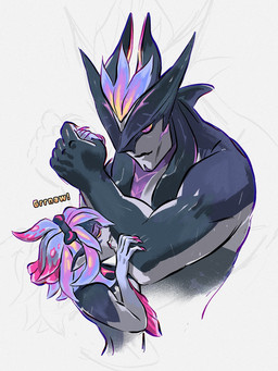 duo female hand_holding love_bite male male/female primordian_aatrox scar scratches scratching size_difference drawain league_of_legends riot_games tencent aatrox_(lol) briar_(lol) darkin humanoid 3:4 hi_res