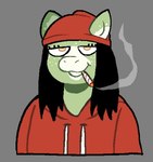 anthro beanie black_hair clothed clothing countershade_ears countershade_face countershading drugs eyelashes female freckles front_view green_body hair hair_on_shoulders half-closed_eyes hat headgear headwear hoodie looking_at_viewer marijuana narrowed_eyes open_mouth open_smile red_beanie red_clothing red_hat red_headwear red_hoodie red_topwear smile smoke smoking smoking_marijuana snout solo topwear white_body white_countershading yellow_eyes cassicat unknown_character mammal unknown_species 2023 bust_portrait digital_media_(artwork) portrait