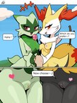 anthro areola biped black_body blush breasts dialogue female female_anthro genitals green_body group heart_symbol nipples nude nude_anthro nude_female open_mouth pink_eyes pussy red_eyes speech_bubble tail take_your_pick text trio yellow_body san_ruishin nintendo pokemon braixen floragato generation_6_pokemon generation_9_pokemon human mammal pokemon_(species) 2023 3:4 english_text hi_res