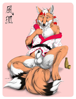 alcohol animal_genitalia animal_penis anthro balls belt beverage biped black_body black_fur black_nose black_penis bottomless canine_genitalia canine_penis clothed clothing container cup drunk fluffy fluffy_tail fur genitals hair looking_at_viewer male multicolored_body multicolored_fur orange_body orange_fur penis penis_tip pink_background red_hair sake sharp_teeth sheath simple_background sitting solo substance_intoxication tail teeth tongue white_body white_eyes white_fur white_hair truegrave9 canid canine fox mammal